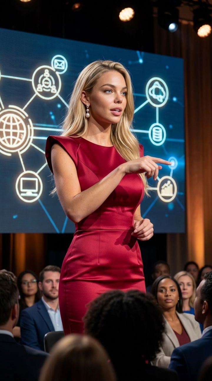 TED風ステージで演説中、不可視ボタンを押す女性の手 クリムゾンシルクドレス姿 超写実写真
