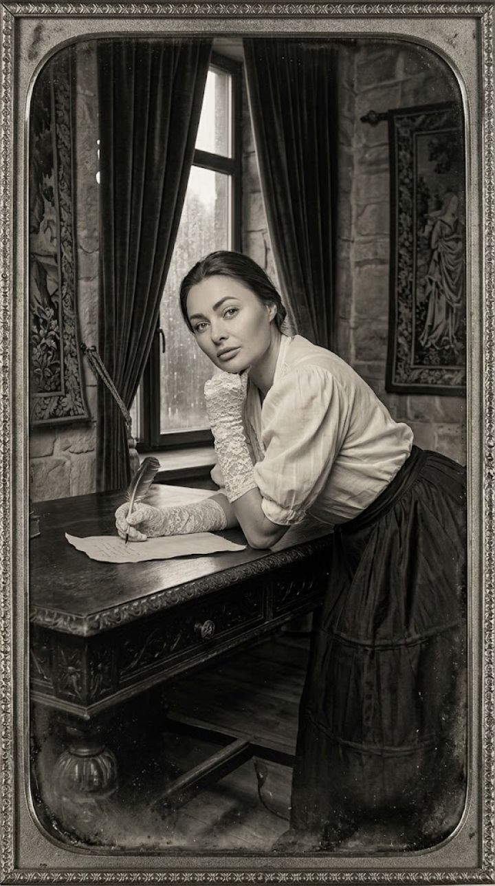 Three-quarter view of the figure leaning on elbow on an antique table, fingers holding a quill over parchment, outsid...