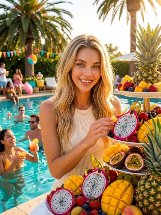 Torre de Frutas Tropicais Explosiva de Cores