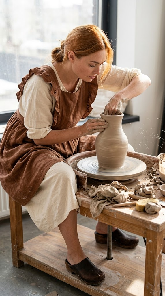 Tour de Poterie en Argile : Vase Inachevé Tournoyant au Soleil sur Établi Boisé | Ultra Réalisme Photo