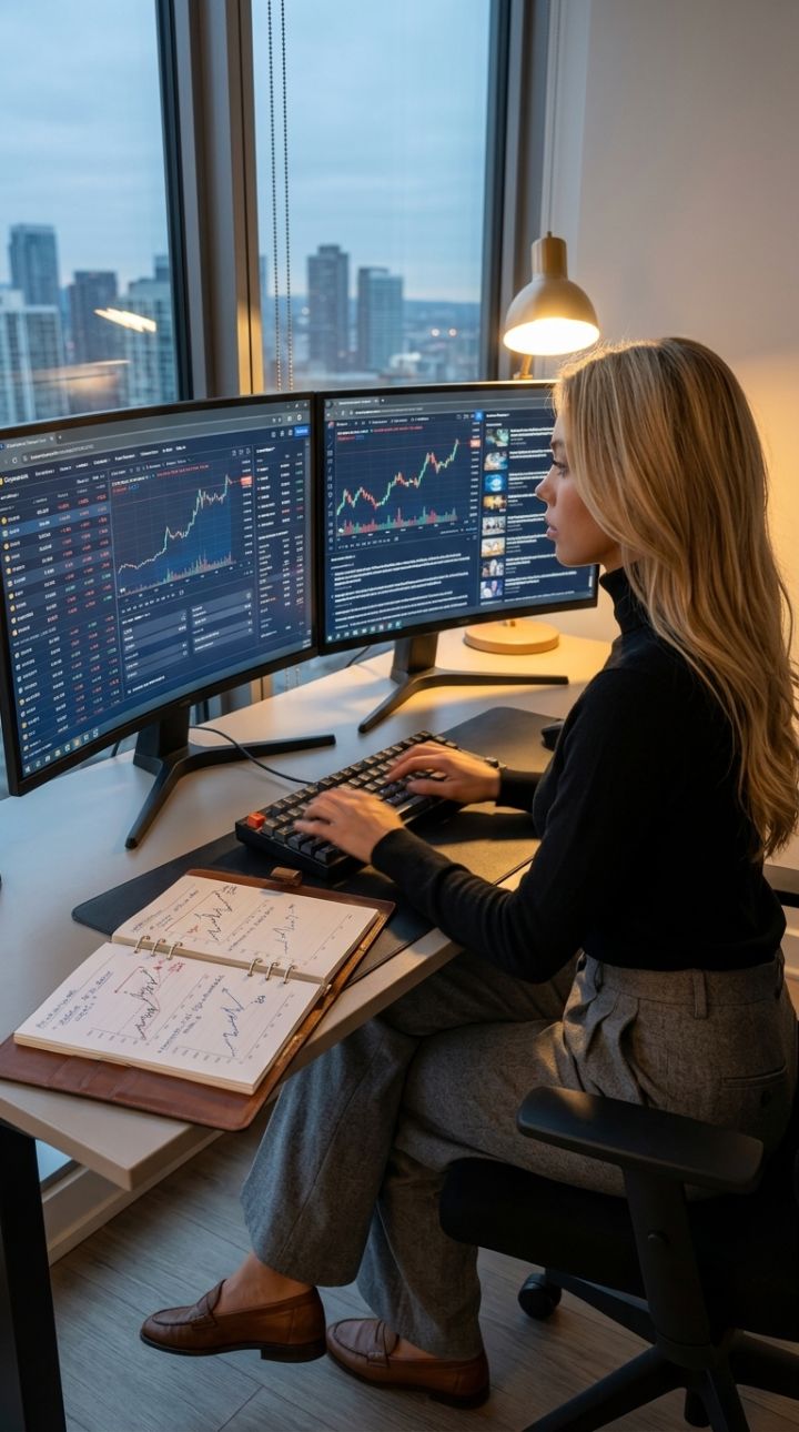 Trader de Criptomonedas en Acción: Pantallas Curvas, Gráficos y Concentración al Atardecer