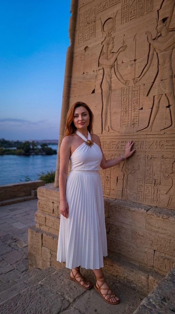Traveler Perched on Philae Temple Edge at Nile Dusk - Photorealistic Serenity