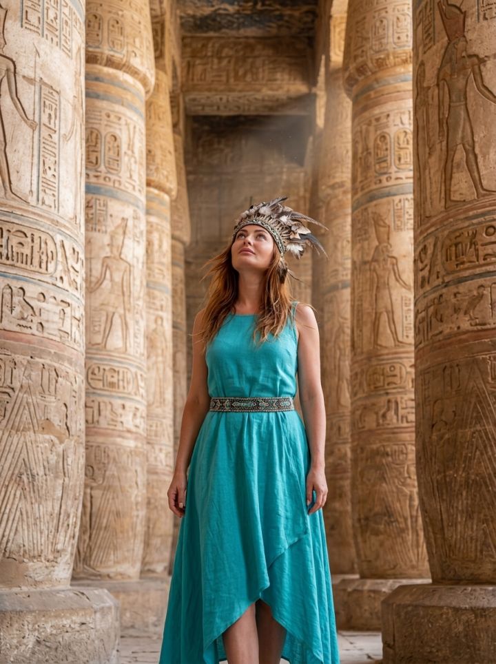 Udhëtarja duke shikuar sallën hipostile të Tempullit të Edfu në mjegullë mesditeje, realizëm ultr...