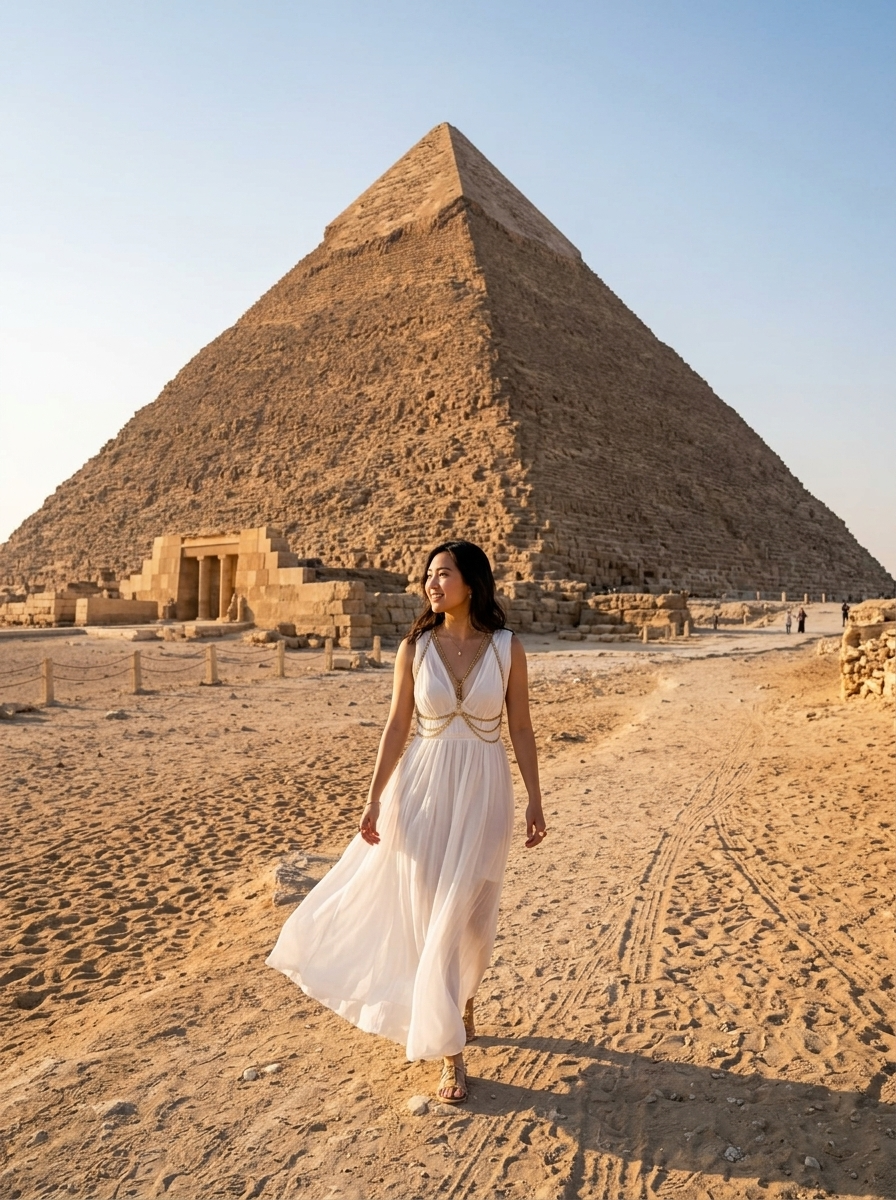Ultra-detailed view near Pyramid of Khafre in late afternoon: figure walking purposefully along desert path, glancing back over shoulder at towering monument, warm amber light casts elongated shadows, scattered camel tracks in sand, precise stone textures and subtle erosion patterns, cinematic wide-angle composition., wearing diaphanous white muslin billowing with golden chain harness and sphinx rings