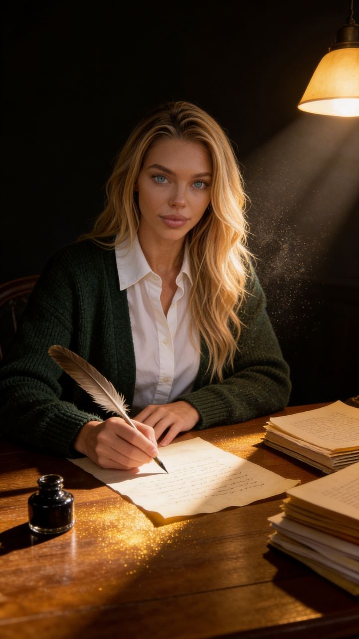 Ultra Photo Realistic Scholar Writing with Quill in Lamplight: Cinematic Shadows, Dust Rays, Cash...