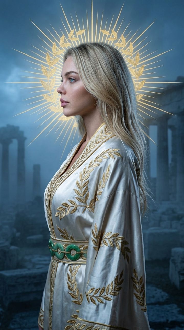Ultra Photorealistic Side Profile: Mystical Figure in White-Gold Laurel Robe, Ancient Ruins Fog M...