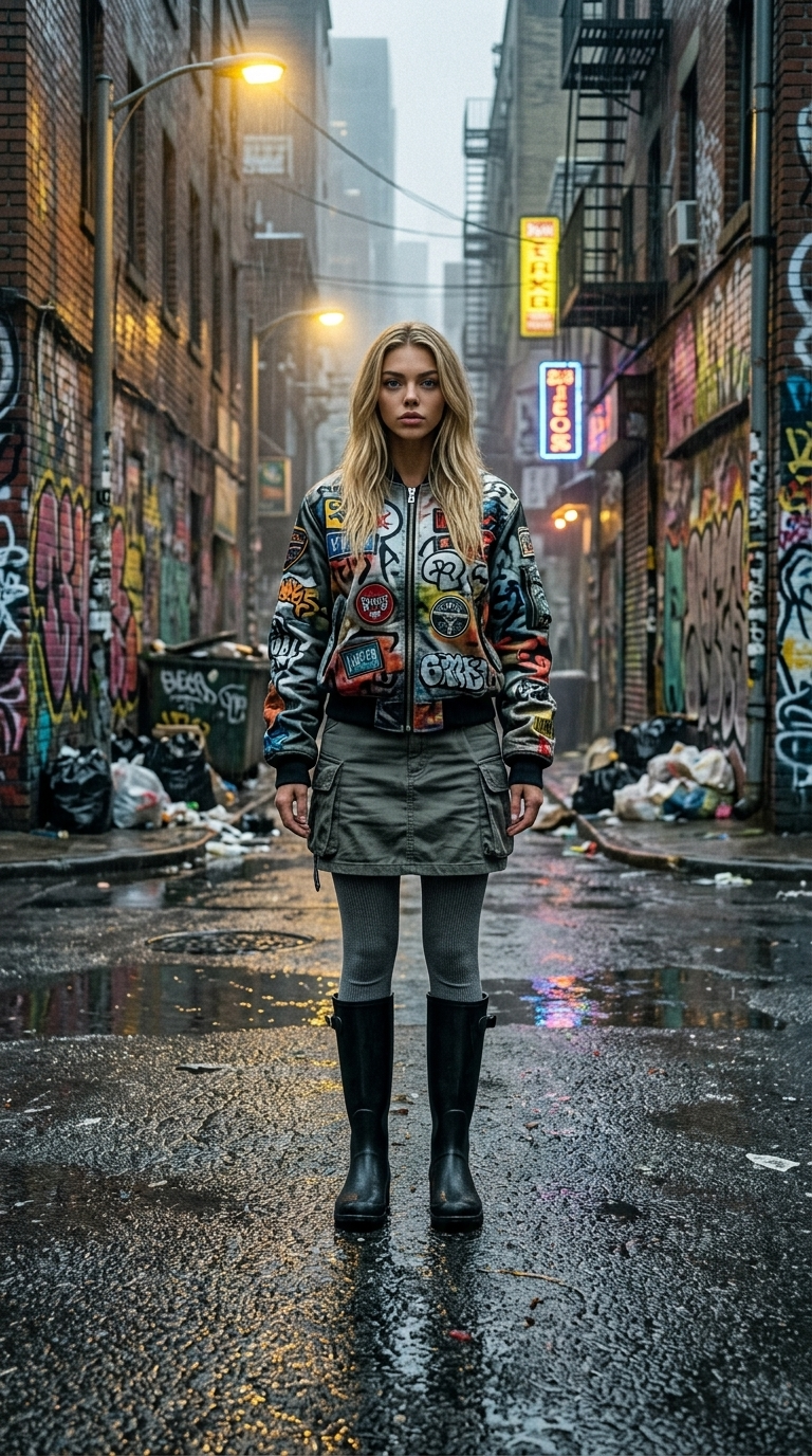Ultra Photorealistic Woman in Rainy Urban Intersection: Graffiti Bomber Jacket Streetwear