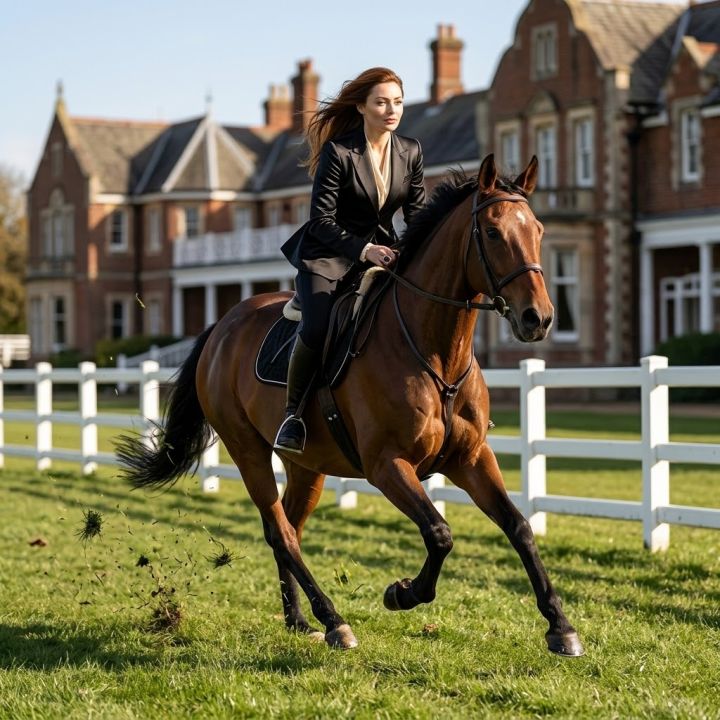 Ultra-realistic dynamic photo: riding a horse across the field of club hunting grounds, low track...