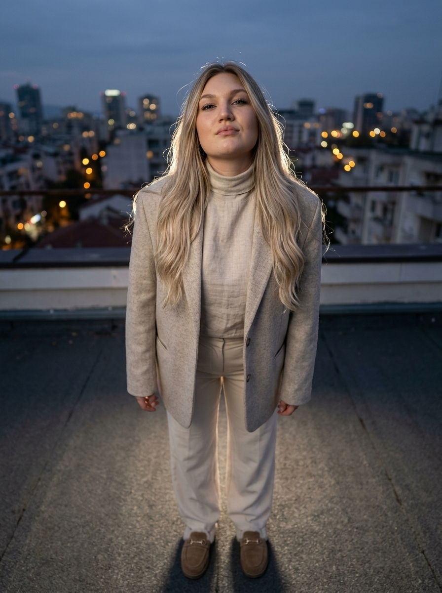 Ultra Realistic Fashion Portrait: Intense Gaze & Smirk on Urban Rooftop at Dusk in Beige Linen Turtleneck, Oatmeal Blazer & Cream Palazzo Pants