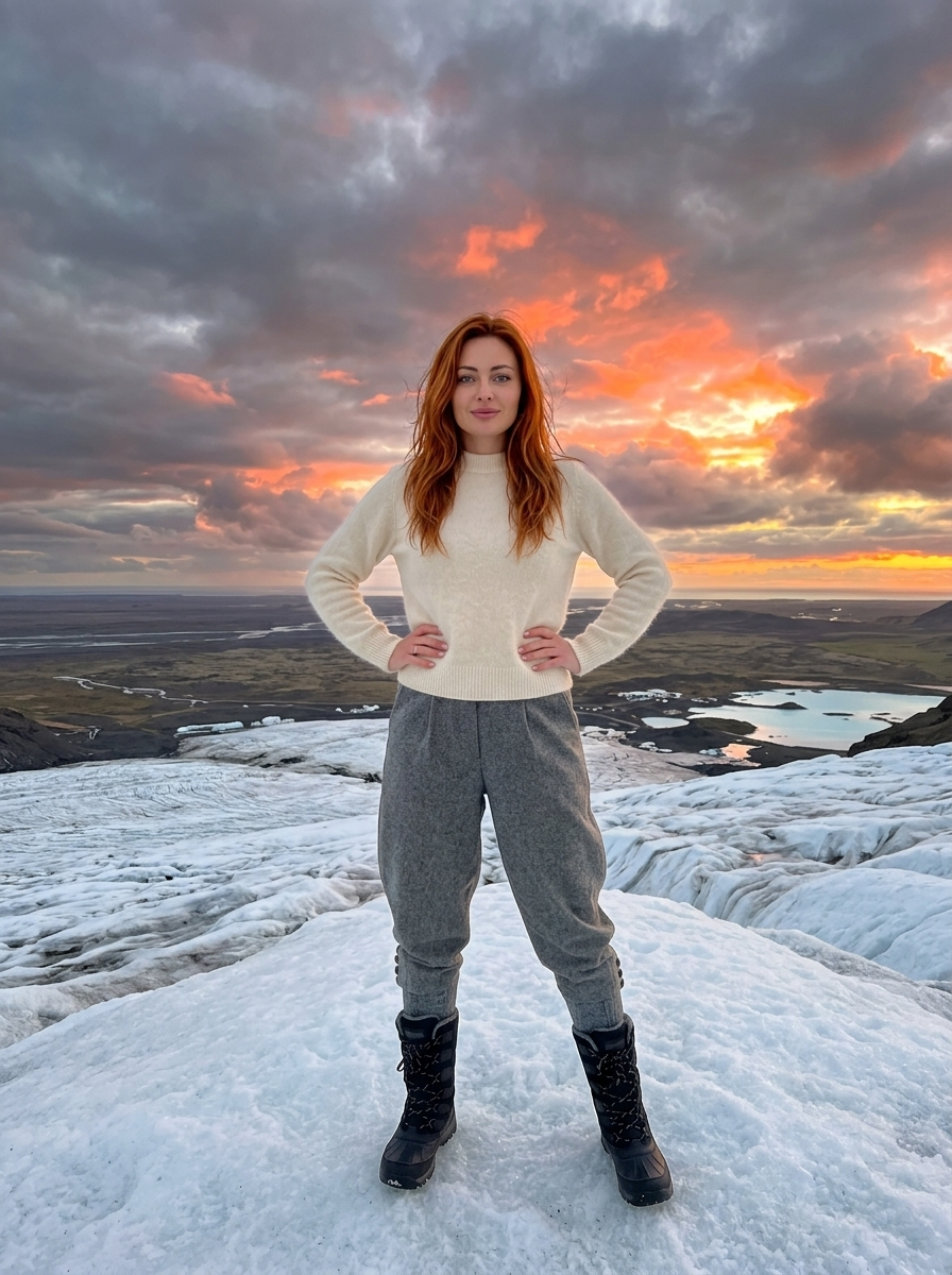 Ultra-Realistic Langjökull Glacier Summit Panorama: Confident Explorer at Cloudy Sunset in Arctic Ice Fields