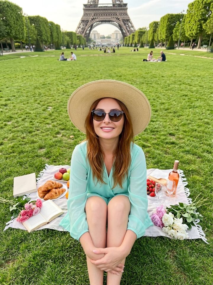 Ultra-realistic photo on the Champ de Mars lawn: a person sitting on the grass with knees drawn u...