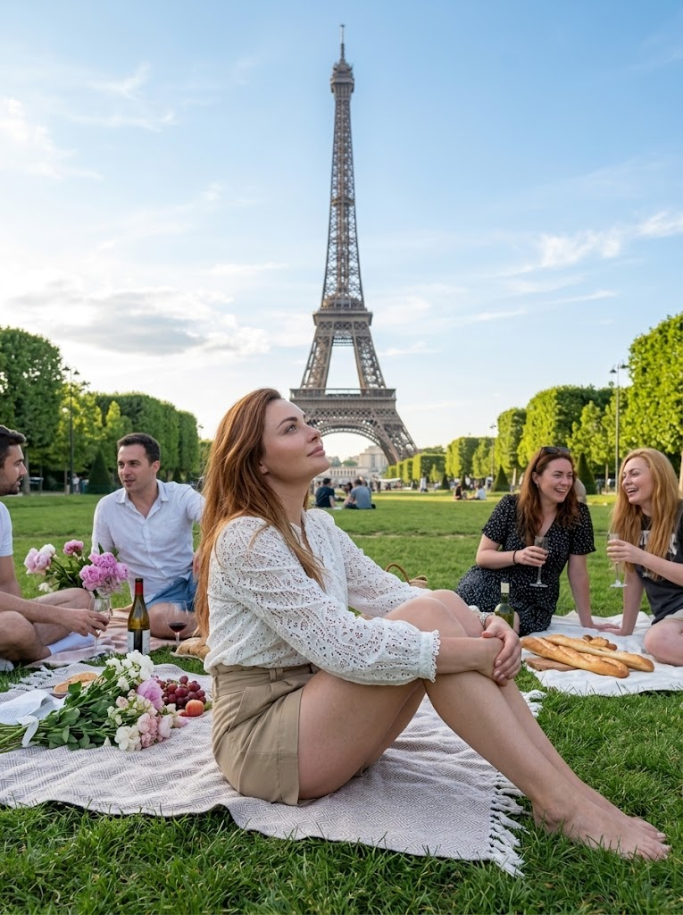 Ultra-realistic photo on the Champ de Mars meadow: a person sitting on the grass with knees drawn up, looking at the Eiffel Tower during the day, soft daylight, flowers and picnics around, top-down angle, realistic textures of grass and sky, like a relaxed summer moment., in a light guipure blouse and high-waisted khaki shorts