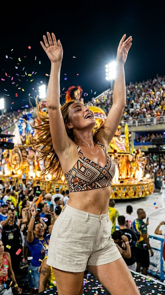Ultra Realistic Samba Dancer in Rio Carnival Sambodrome Parade - Dynamic Night Pose with Confetti and Crowd Energy