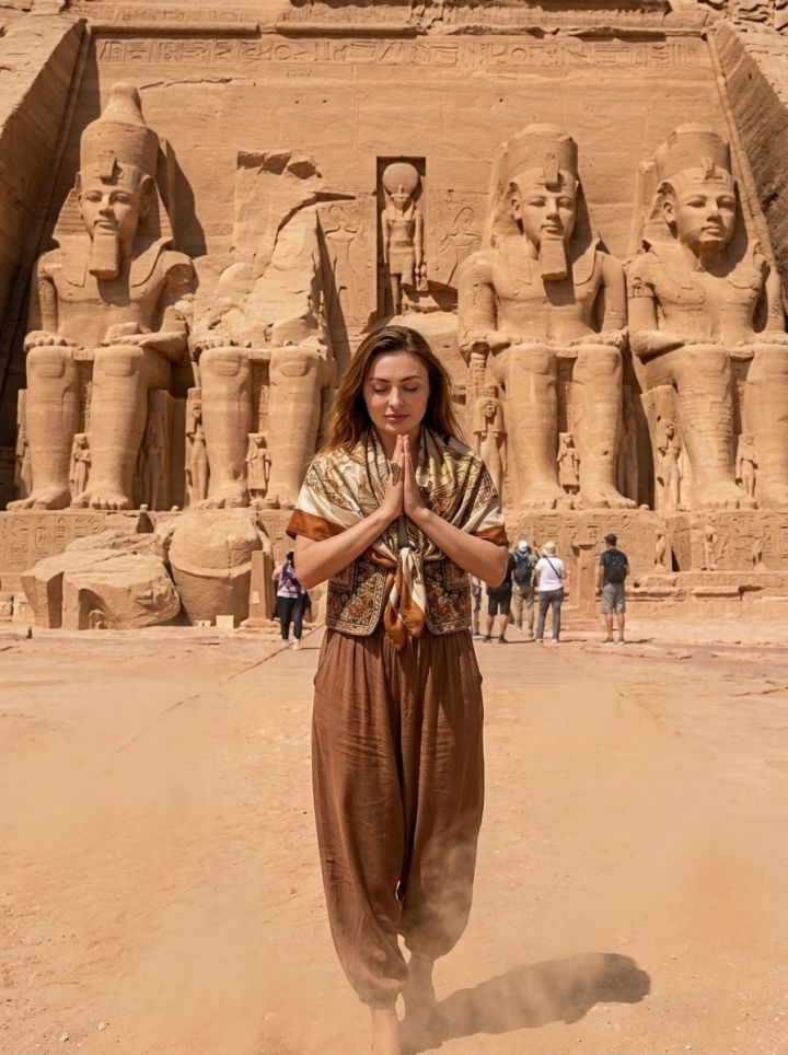 Ultra realistická filmová fotografia cestovateľa pred kolosálnymi sochami Abu Simbel o poludní