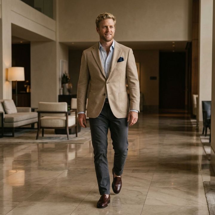 Ultra-realistische foto van gracieus lopen in luxe hotel lobby met beige blazer en chinos