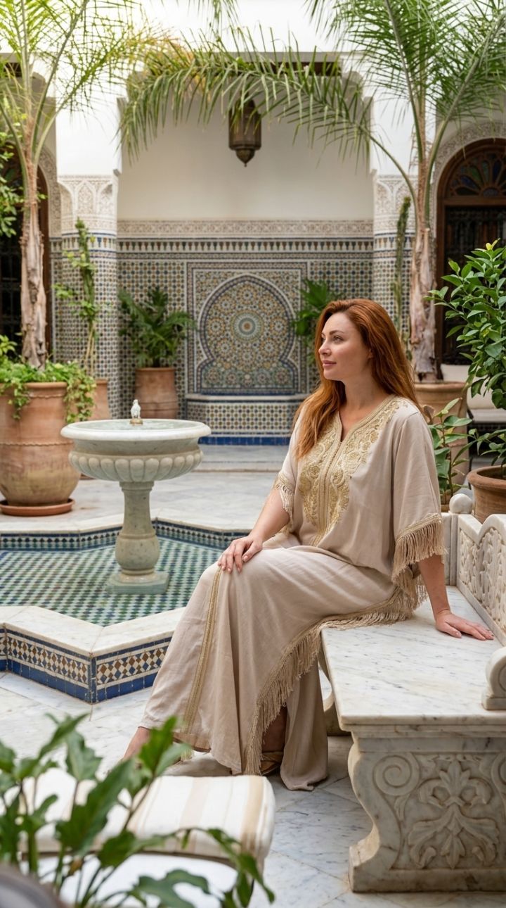 Ultra-realistische foto: Vrouw in licht beige kaftan in binnentuin Marrakech riad