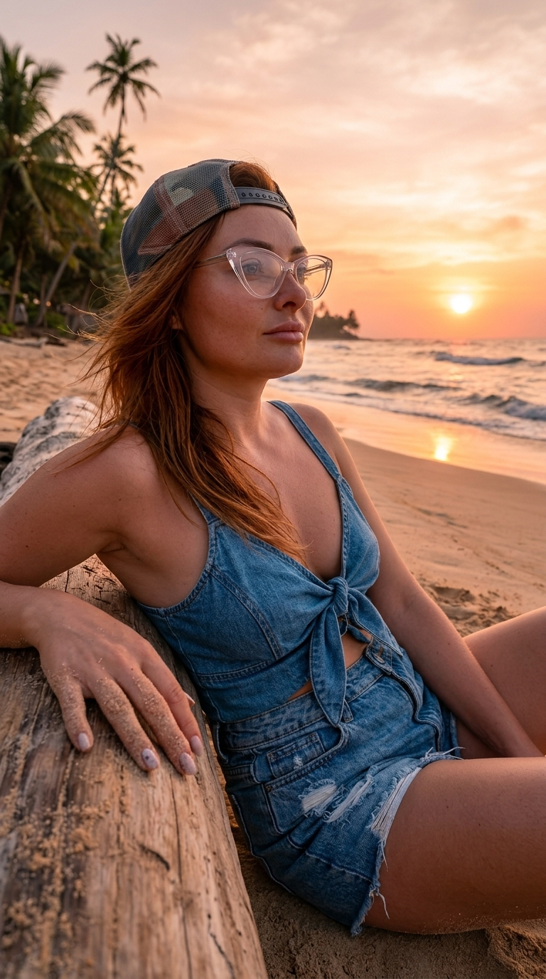 Ultra-realistische foto vrouw op tropisch strand: zittend bij drijvende boom, zonsondergang, denim shorts & baseballpet