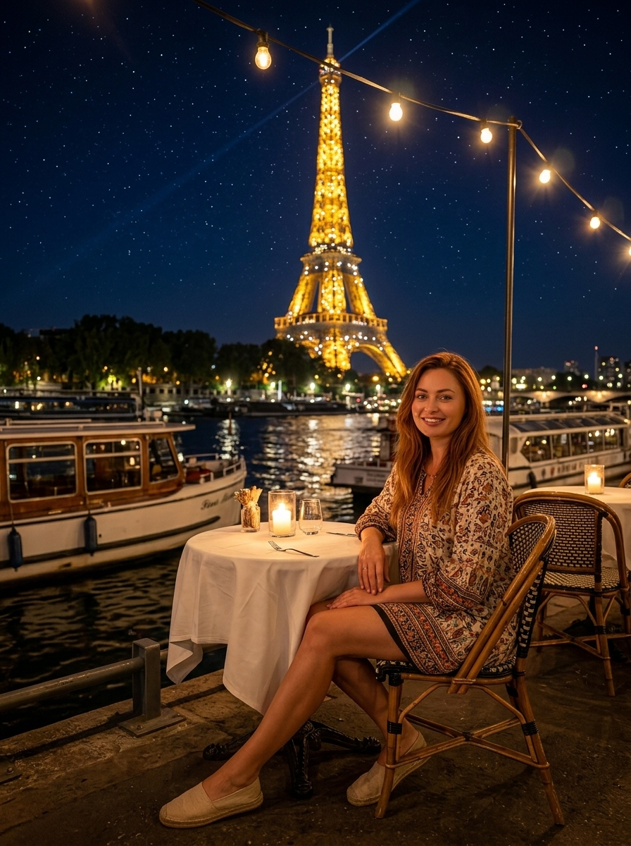 Ultra-realistisches Bild: Person auf Terrasse Port Debilly mit Eiffelturm-Nachtblick, romantisch