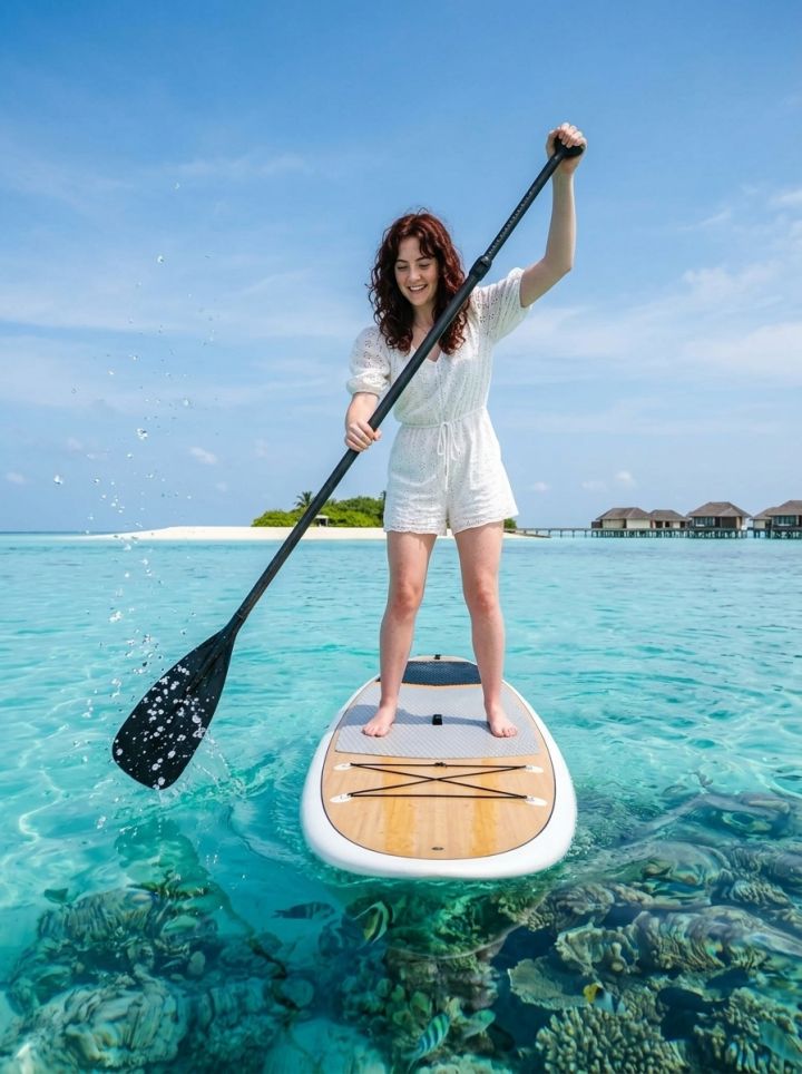 Ultra Realistisk Foto af Paddleboarding på Roende Turkis Lagune i Maldiverne – Lav Vinkel
