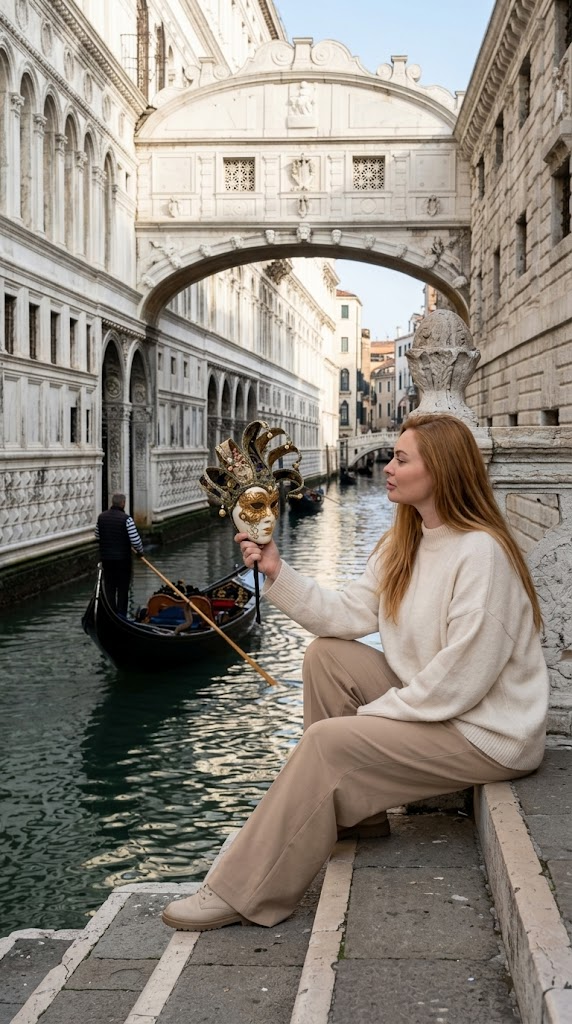 Ultra-realistisk foto vid Suckarnas bro i Venedig: Gondol på kanalen, venezianska masker och sandfärgad outfit