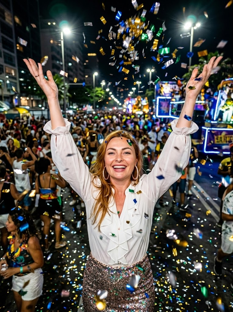 Ultra-realistična fotografija eksplozije konfeta na ulici u Rio de Janeiru: plešuća gomila, kaos i gradska svjetla