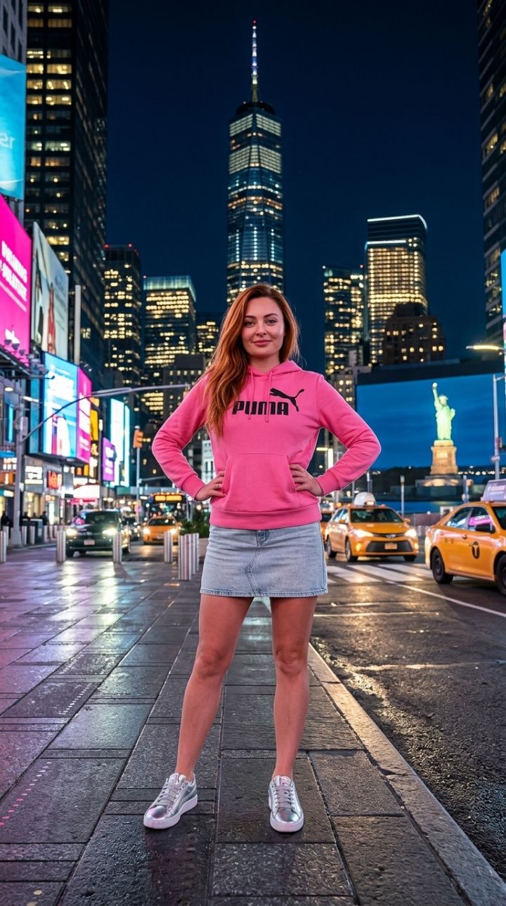 Ultra-realistična noćna fotografija ispred One World Trade Centera: Ružičasti hoodije, džins mini...