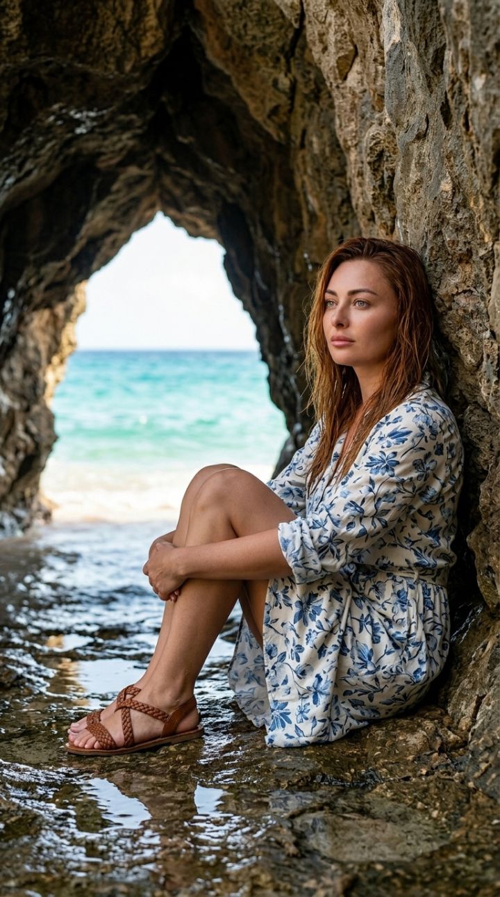 Ultra-realistlik foto troopilise rannakoopa üksildasest naisest safari kleidis