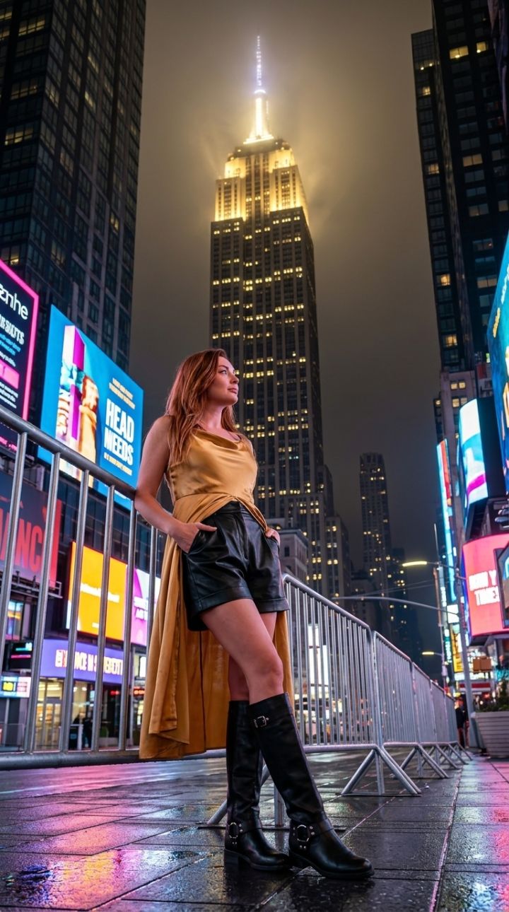 Ultrarealistična nočna fotografija Empire State Buildinga z žensko v zlati satenski obleki in usn...