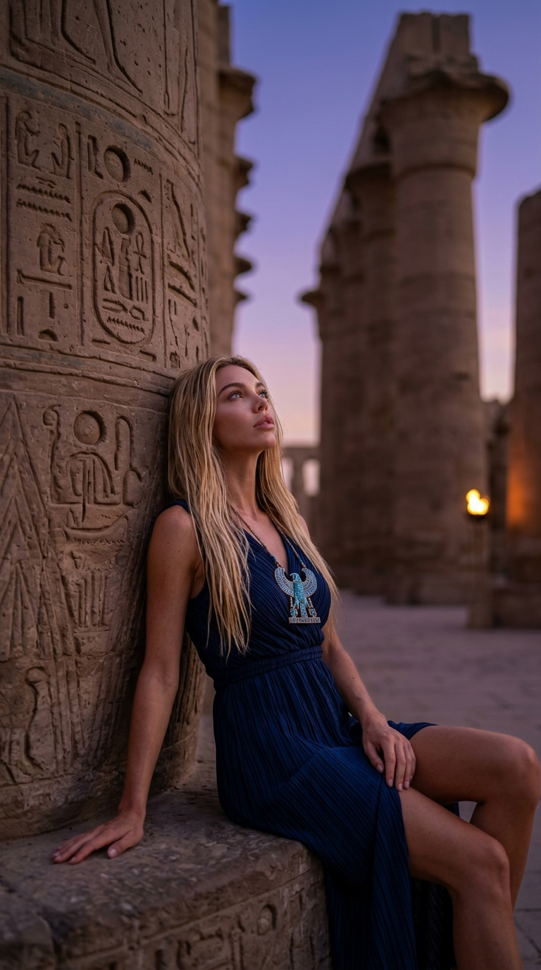 Uvolněná sedící póza u sloupu chrámu Karnak za soumraku – ultra fotorealistický portrét
