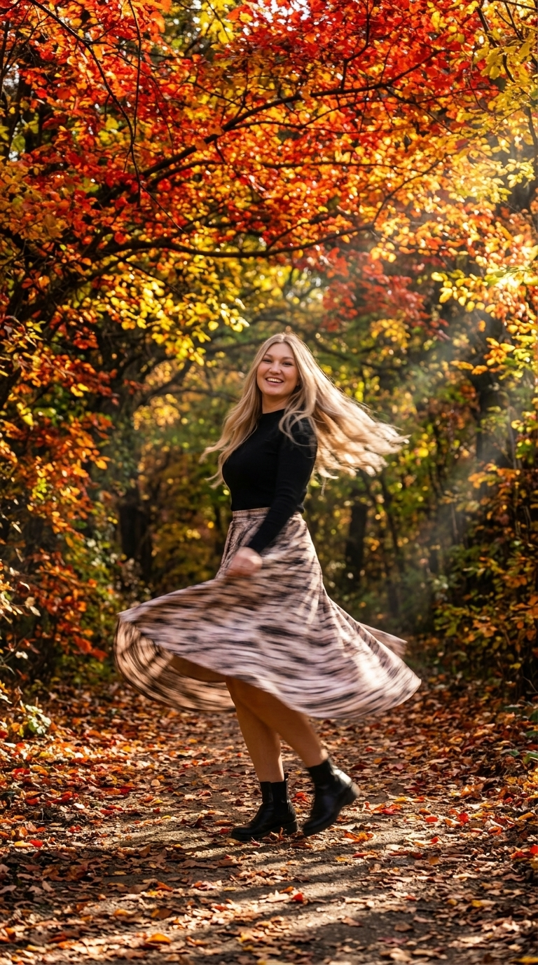 Verspielter Rockwirbel auf herbstlichem Laubpfad im Wald – Ultra-Fotorealismus