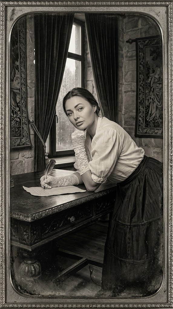 Victoriansk dame skriver i regnvær