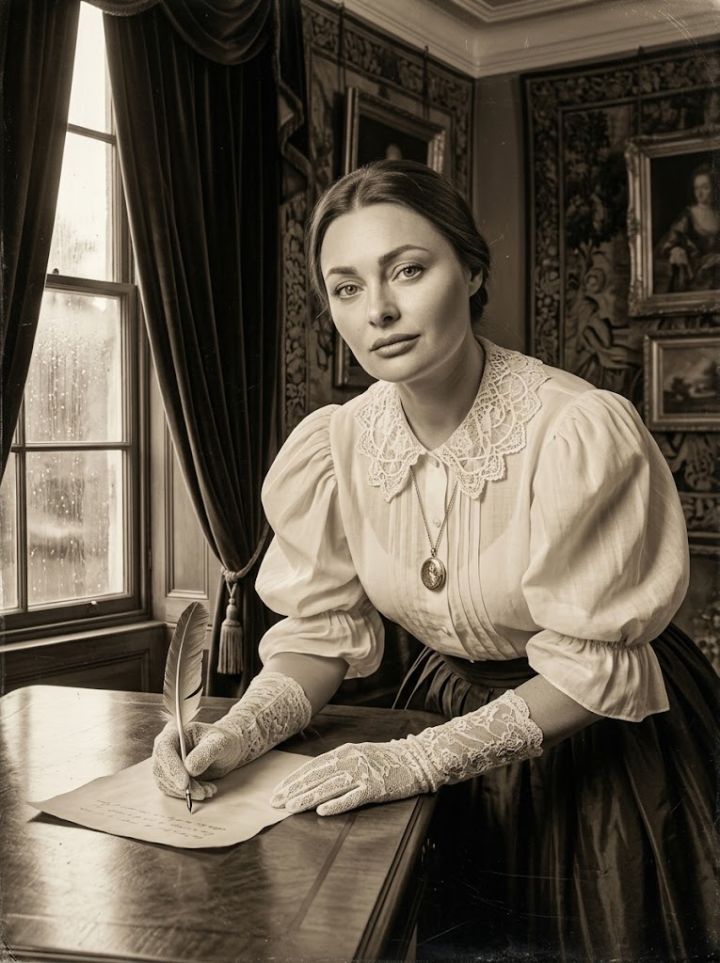 Victoriansk dame skriver i regnvær