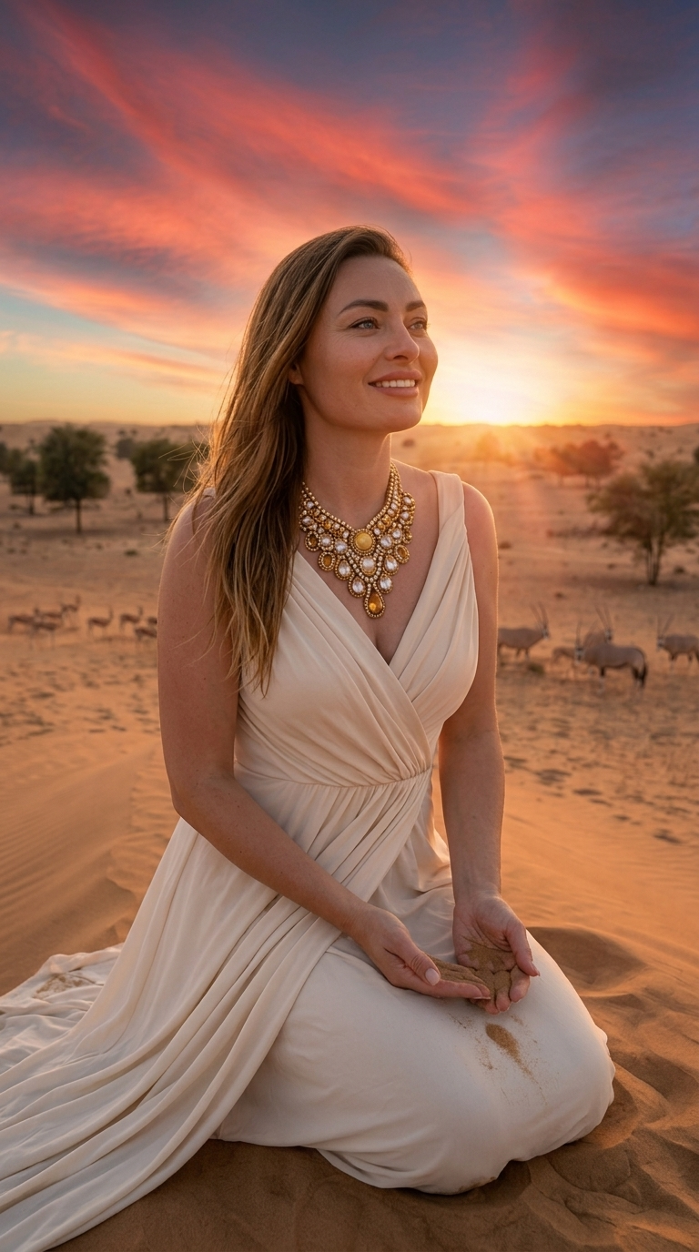 Vrouw in Crèmekleurige Maxijurk op Heuvel in Dubai Desert Conservation Reserve bij Zonsondergang met Gazellen