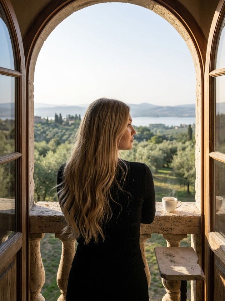 Vue par-dessus l'épaule : Contemplation sereine d'un paysage depuis une terrasse élégante