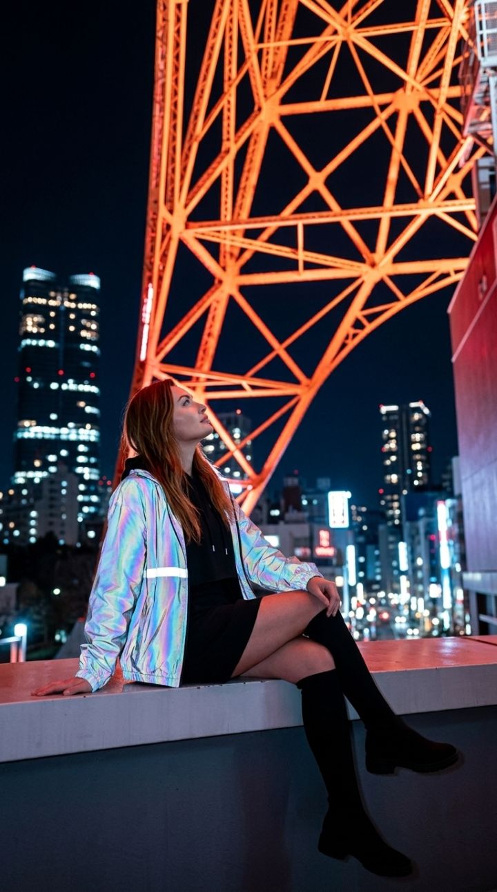 Wanita Bersila di Tepi Platform Tokyo Tower Malam Hari, Pemandangan Oranye Menyala dan Fashion Holografik