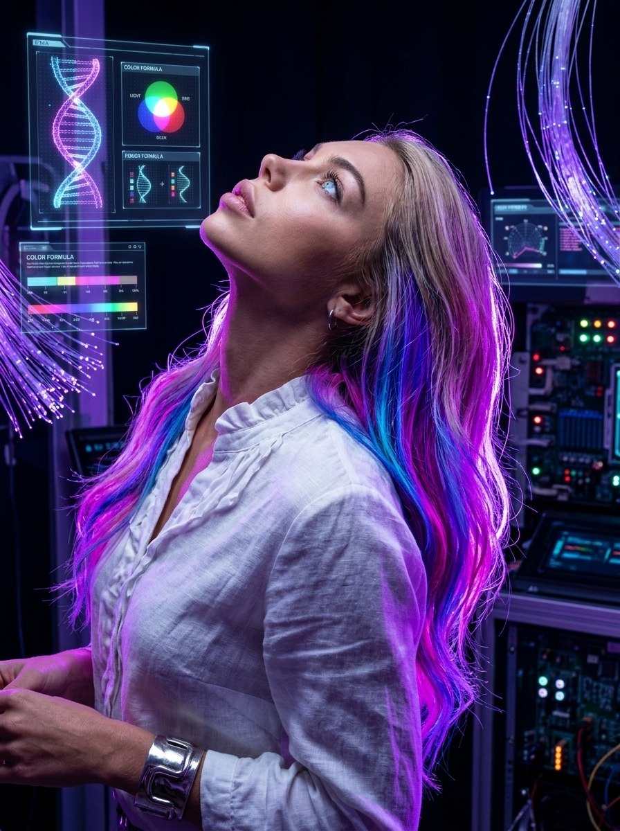 Wanita Cyberpunk Rambut Neon Bercahaya Futuristik di Lab Holografik - Ultra Realisme Foto
