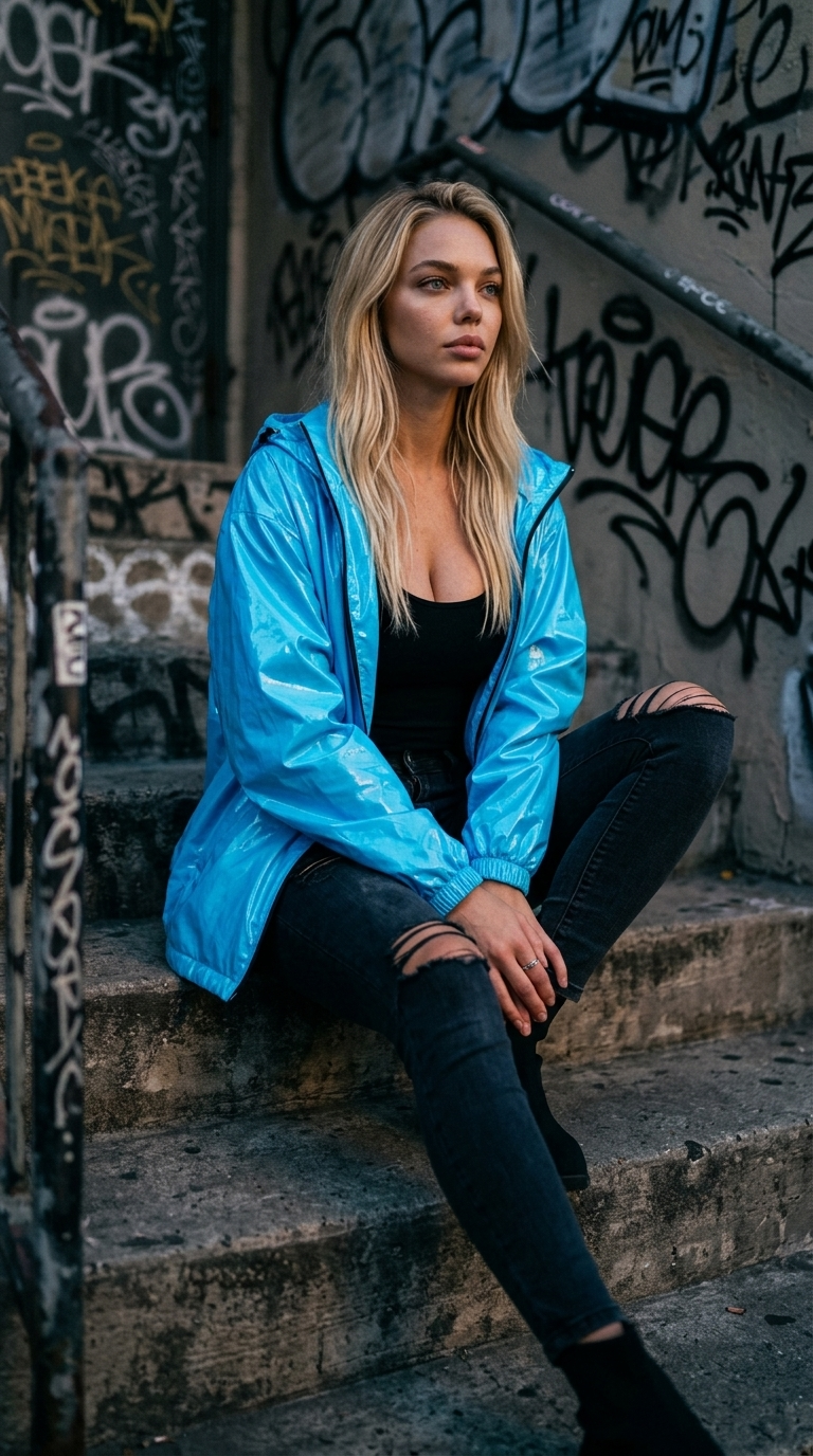 Wanita Termenung di Tangga Beton Urban, Jaket Hood Balenciaga Neon Mengkilap, Ultra Fotorealisme