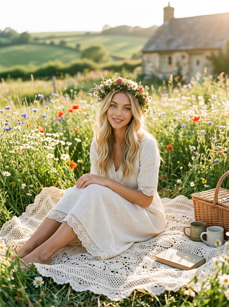 Wildflower crown resting on a lace-trimmed picnic blanket amid rolling meadows.