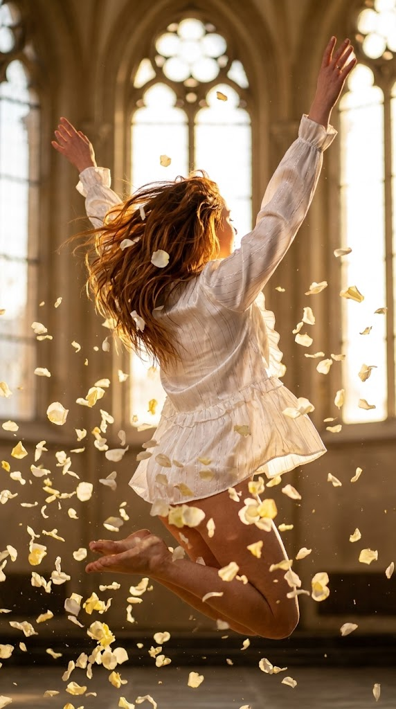With swirling flower petals: dynamic jumping pose with arms up, petals in the air, golden glow, ultra-realistic motion detailing, rear angle, cinematic speed, ephemeral atmosphere, 8K., in a silk top with ruffles and silver threads
