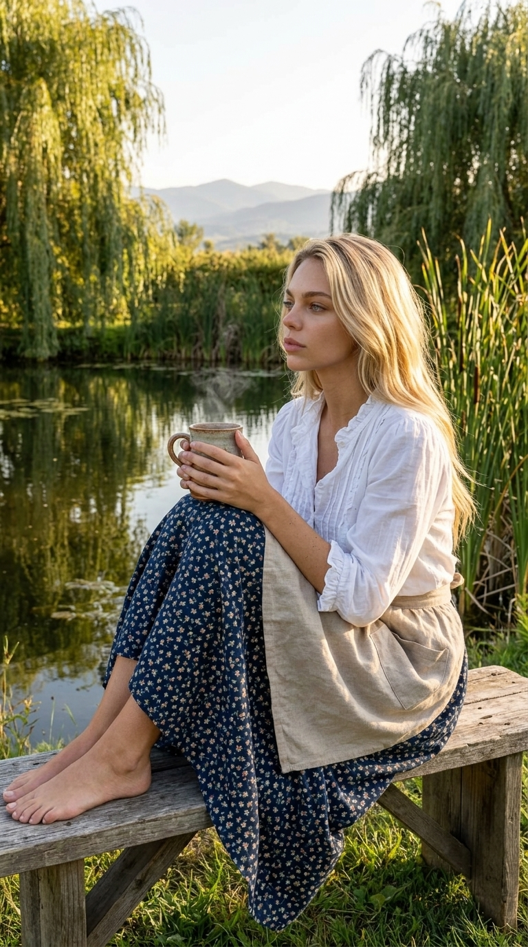 Wooden bench near the pond, cup of herbal tea in hands, steam rising, gaze on the horizon with mountains, around willows and reeds. Sitting with raised knees. Medium shot, view slightly from the side. ultra photo realism!! +++ in a cotton blouse with ruffles, long skirt with floral print and apron with pockets