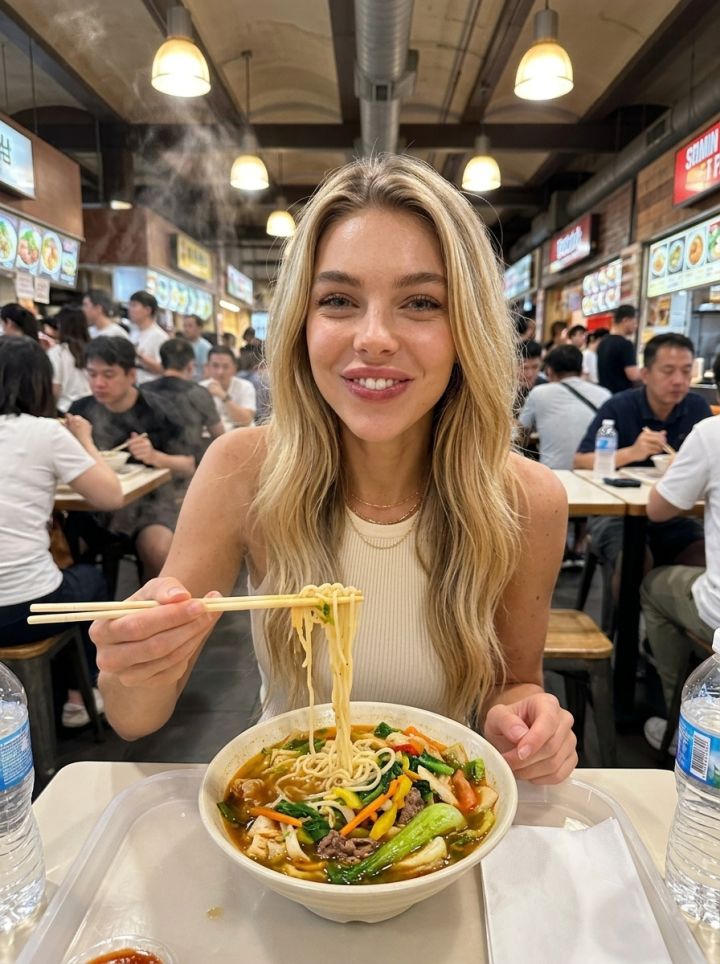 Yemek Kortunda Noodle Yerken Fotoğraf