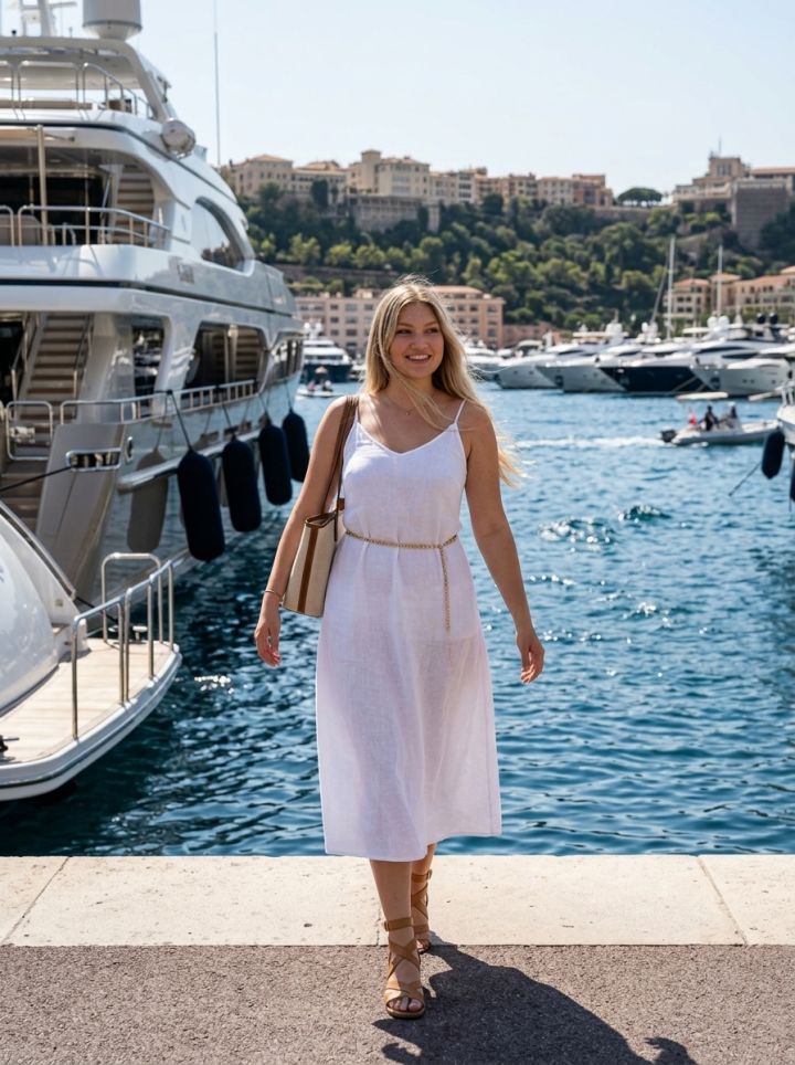 Zelfverzekerde Vrouw in Witte Linnen Zomerjurk bij Port Hercules Marina met Luxe Jachten