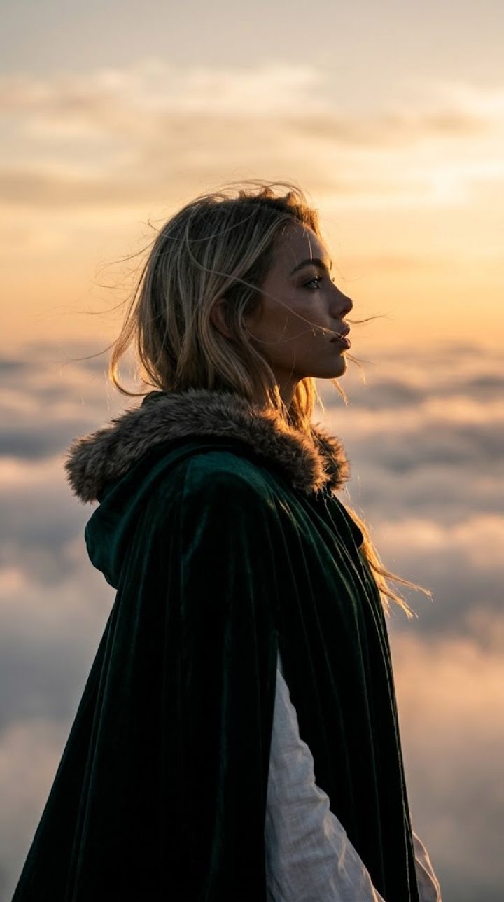 Zijprofiel Silhouet bij Oranje Zonsondergang | Elegante Draai met Fluweel Groene Cloak, 8K Ultra ...