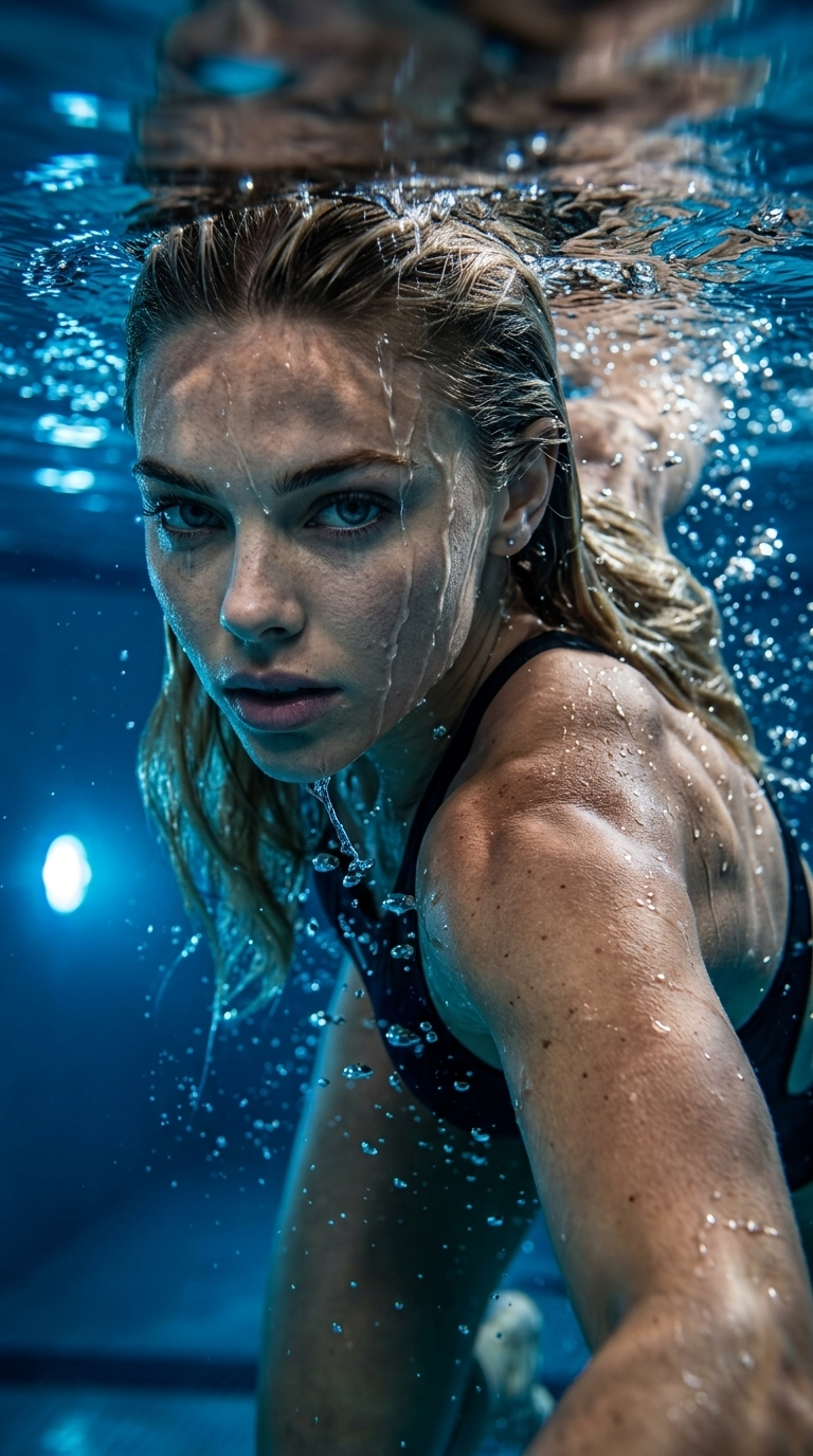 Înotător Elite Emerge din Piscină - Mușchi Tensionați