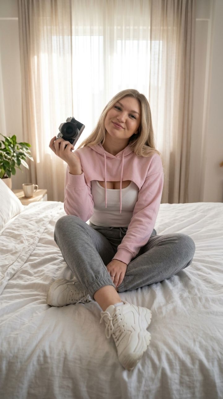 Útulná ranní rutina v ložnici: Vlog na posteli v pastelově růžovém crop hoodu