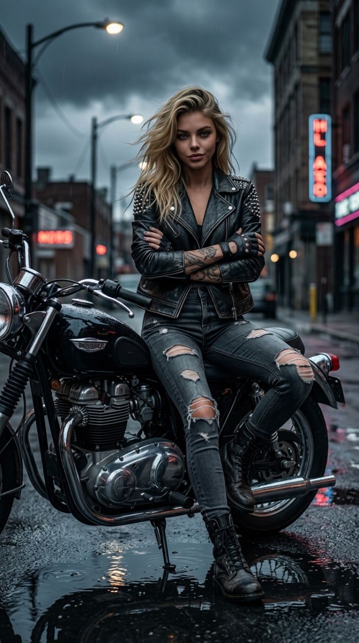 Ādas Bikera Siluets uz Vintage Motocikla Vētrā