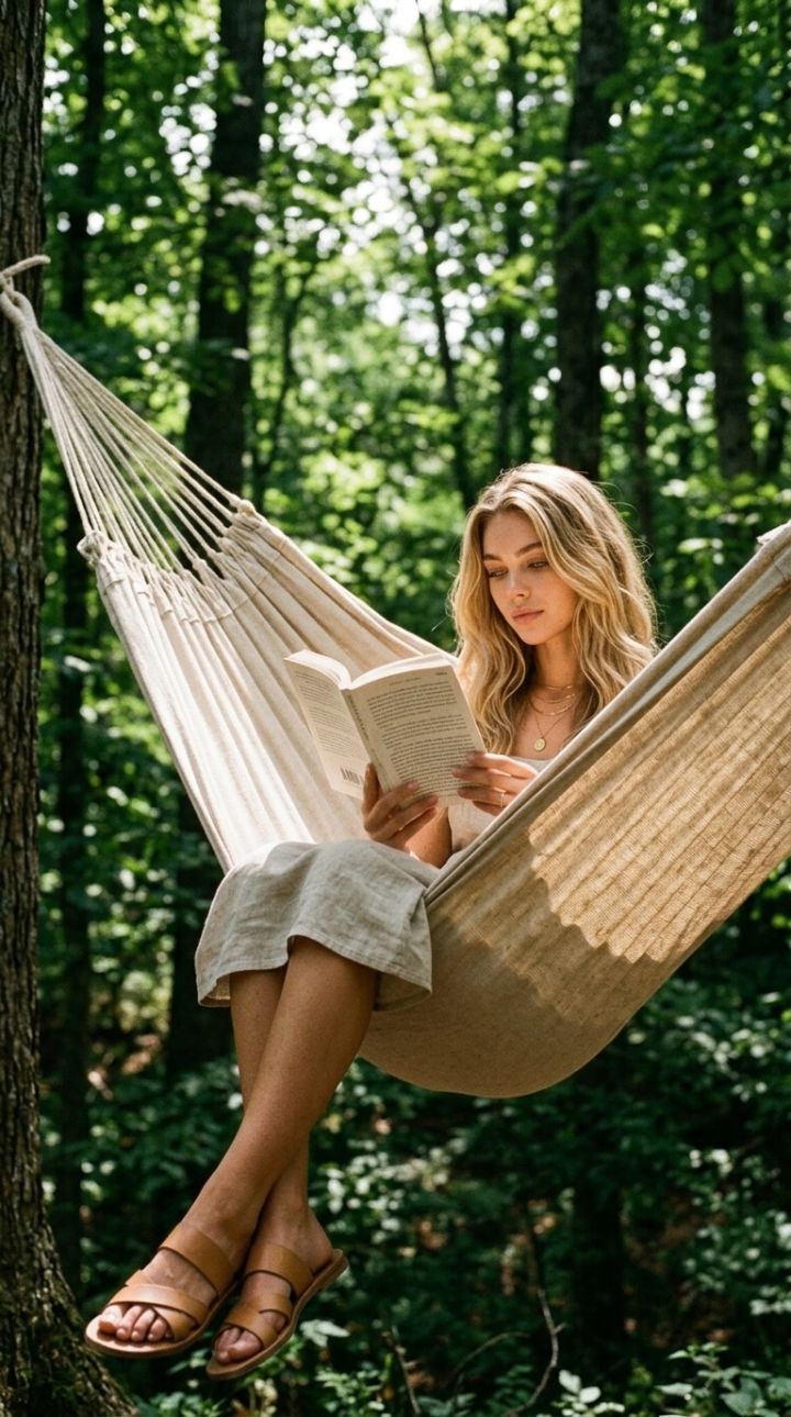Čtení v houpací síti v lese – letní relax