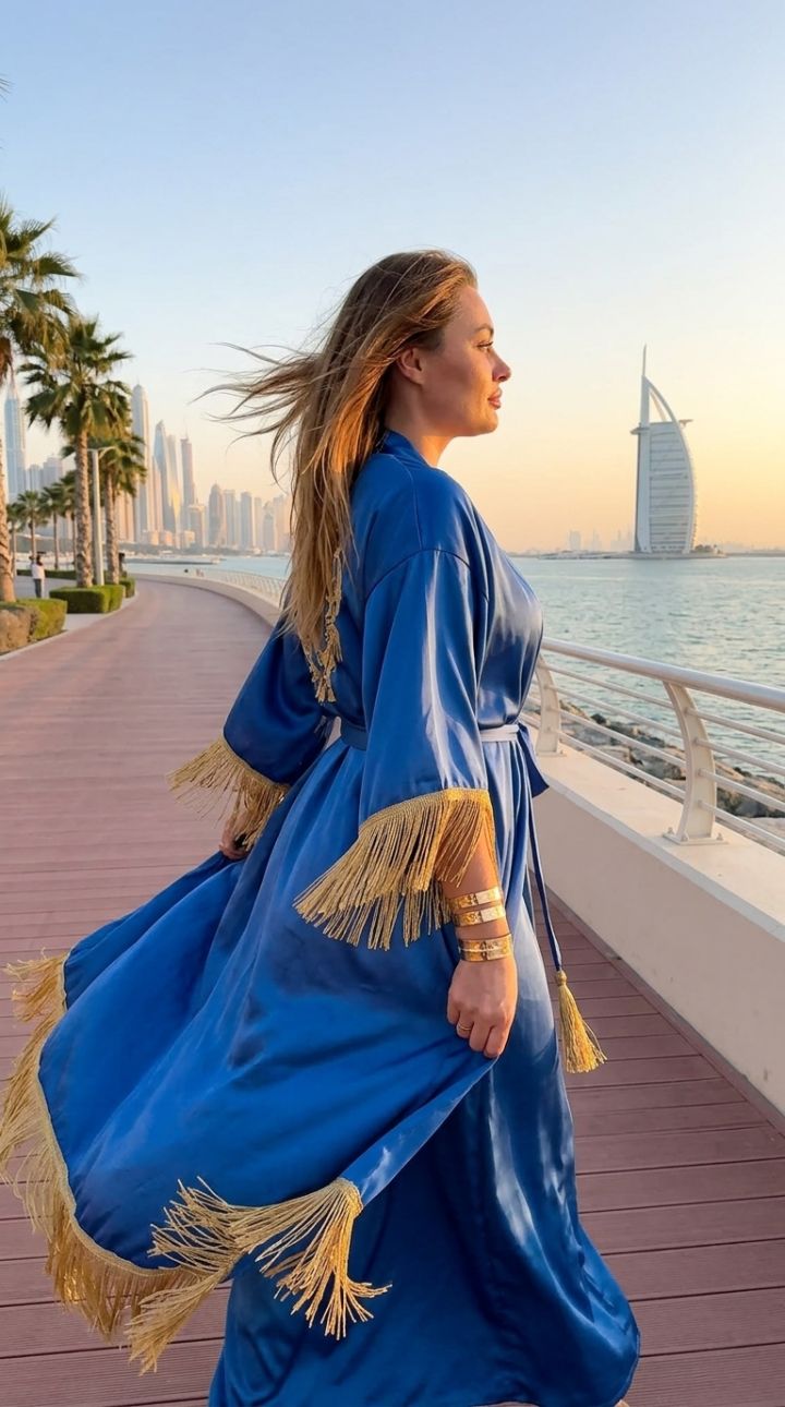 Šetnja Palm Jumeirah na zoru: Osoba u plavoj svilenoj haljini s zlatnim resama