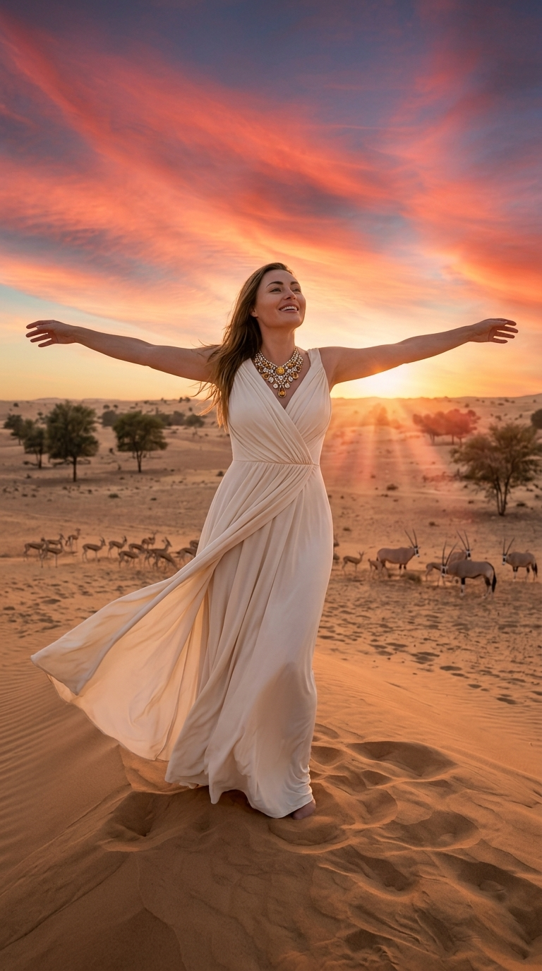 Žena v krémových maxi šatech na kopci v Přírodní rezervaci Dubai Desert – Západ slunce, gazely a svoboda s přírodou