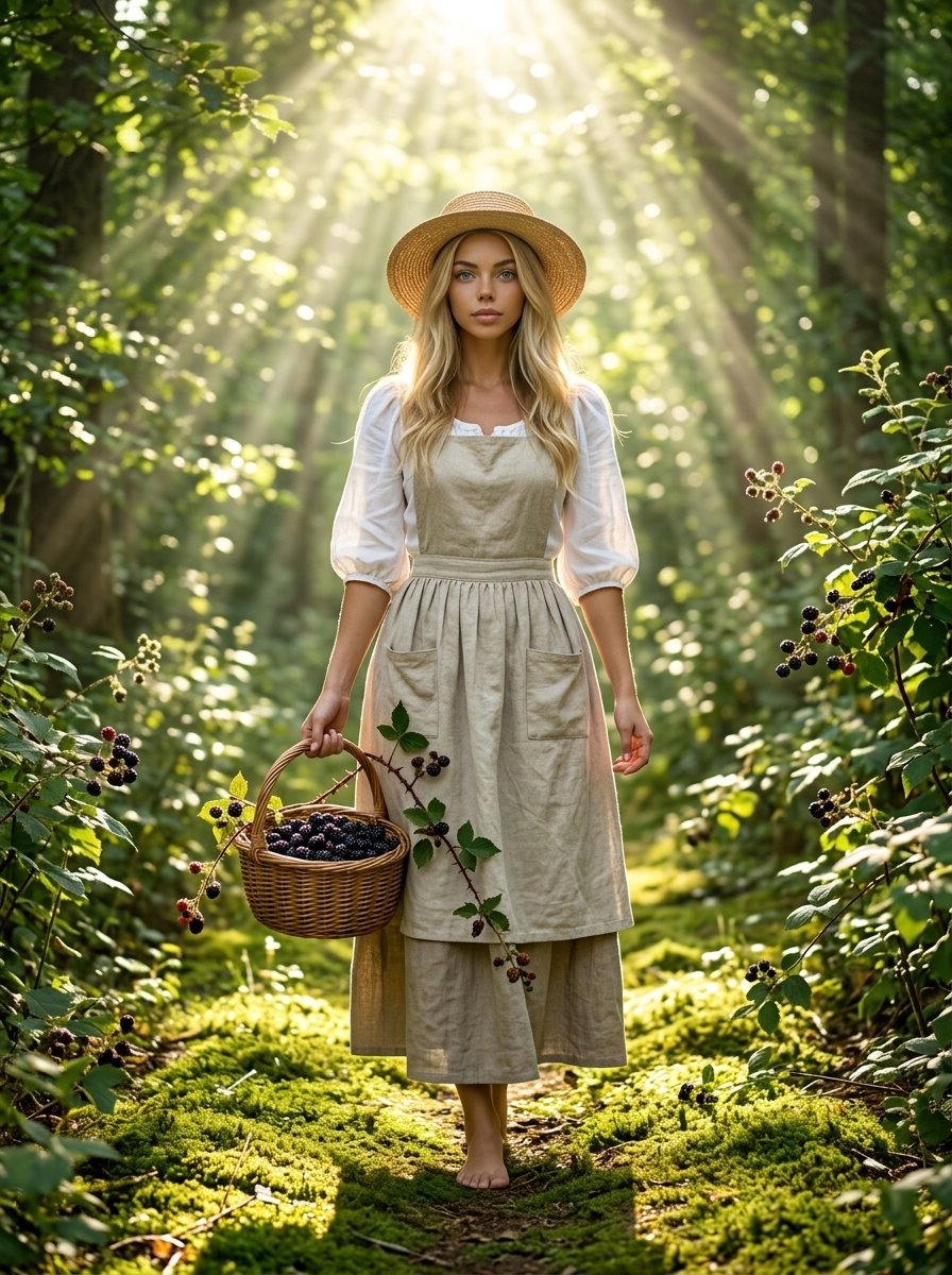 Ženska zbira robide na gozdni poti z košaro v rokah – ultra realistična fotografija